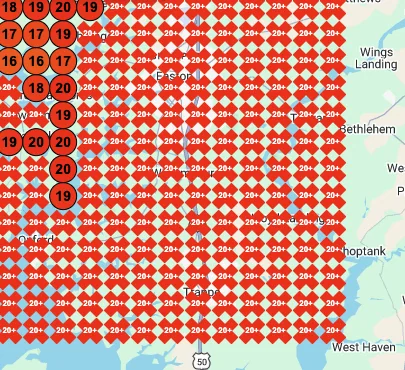The same 169-point grid on the same day for a competing business, almost all points showing rank 20 or worse